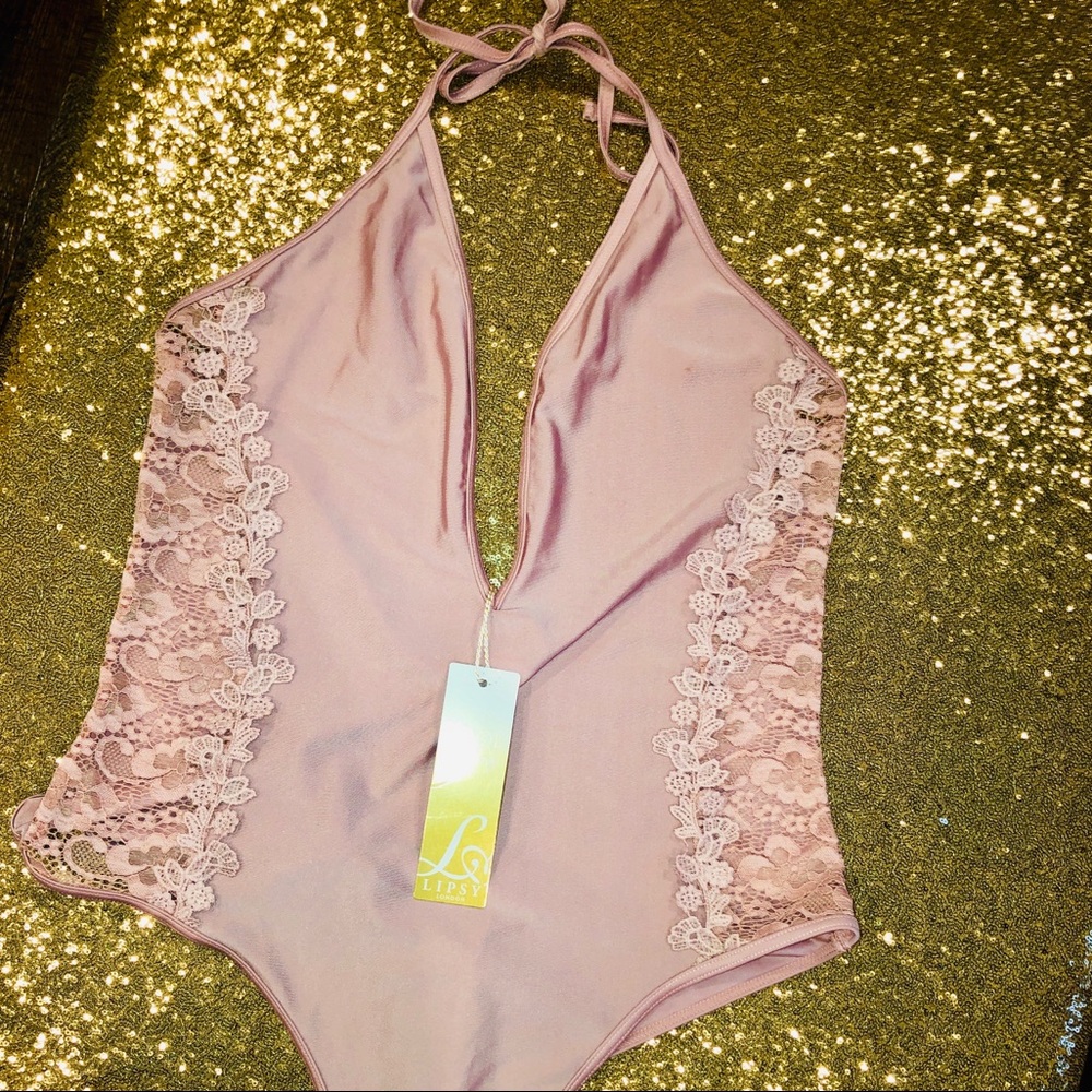 Pink/Mauve lace backless one piece from ASOS.